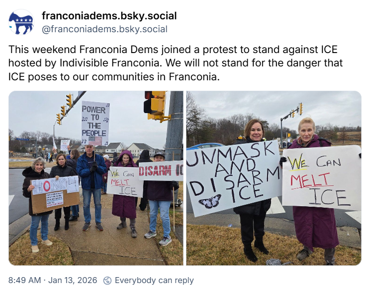 BlueSky: franconiadems stand against ICE (Jan. 13, 2026)