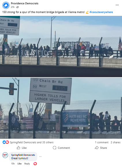 Providence District Facebook: 150 strong for a spur of the moment bridge brigade at Vienna metro! 💪 #iceouteverywherefranconiadems stand against ICE (Jan. 13, 2026)